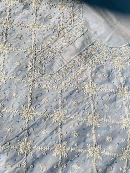 Zaanya Unstiched Powder Blue Chikankari Kurta Dupatta - Famous Chikankari