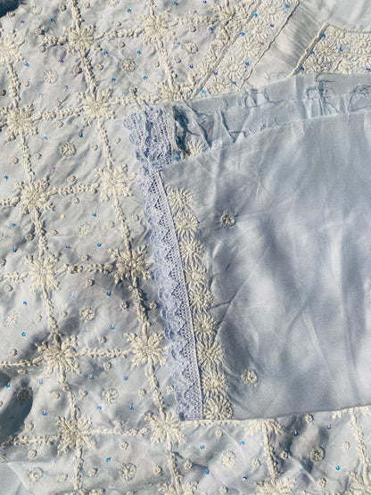 Zaanya Unstiched Powder Blue Chikankari Kurta Dupatta - Famous Chikankari