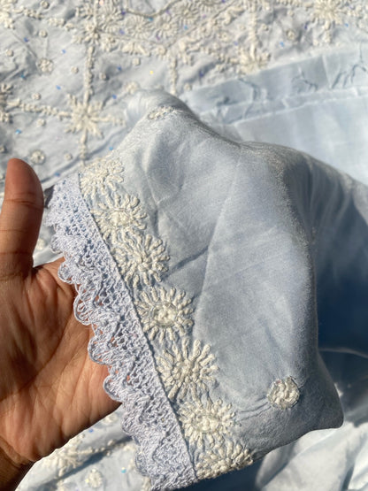 Zaanya Unstiched Powder Blue Chikankari Kurta Dupatta - Famous Chikankari