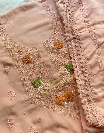 Zaanya Unstiched Peach Chikankari Kurta Dupatta - Famous Chikankari