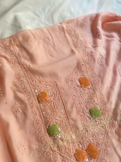 Zaanya Unstiched Peach Chikankari Kurta Dupatta - Famous Chikankari
