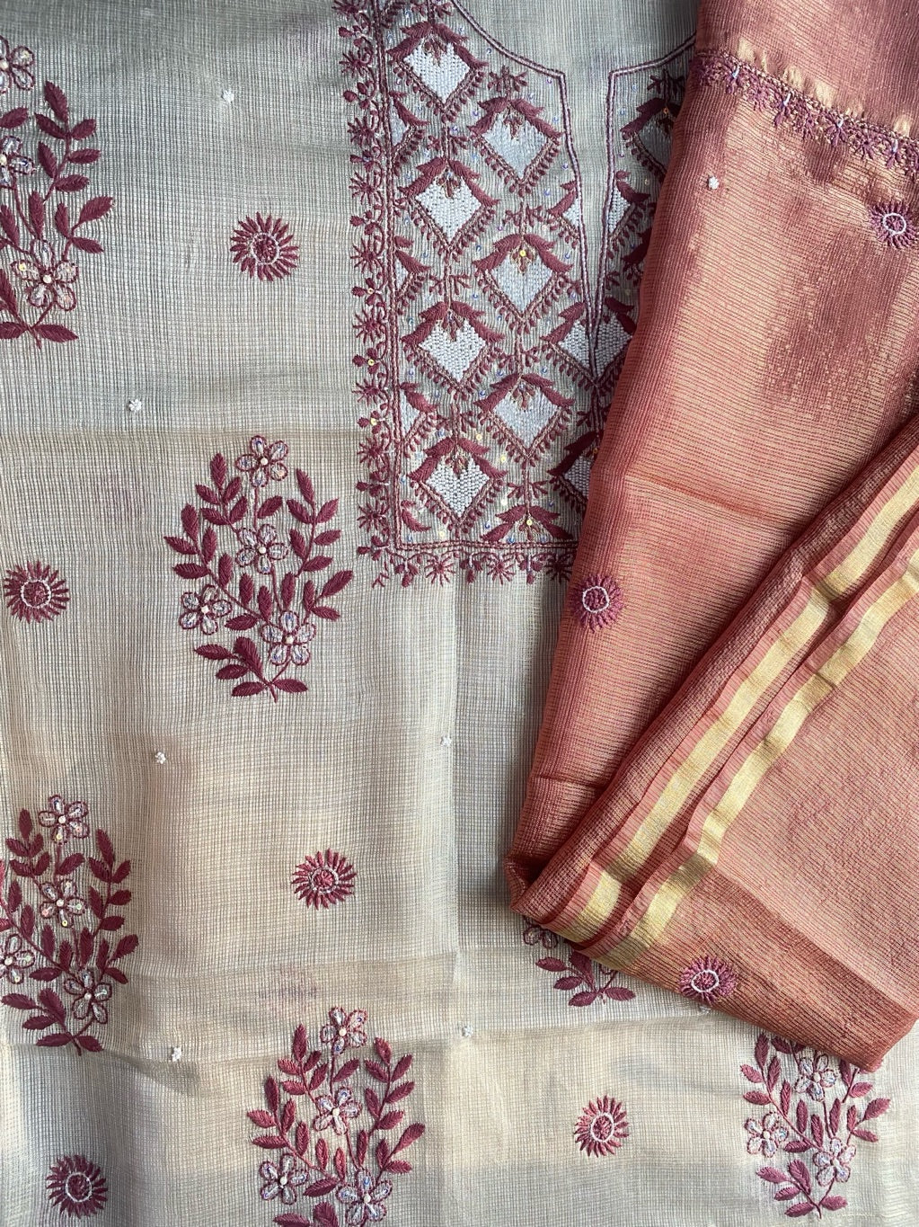 Zunaira Beige Chikankari Unstiched Kurta Dupatta