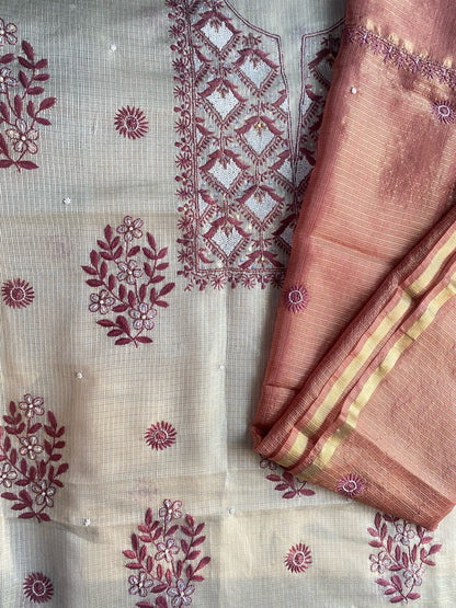 Zunaira Beige Chikankari Unstiched Kurta Dupatta - Famous Chikankari