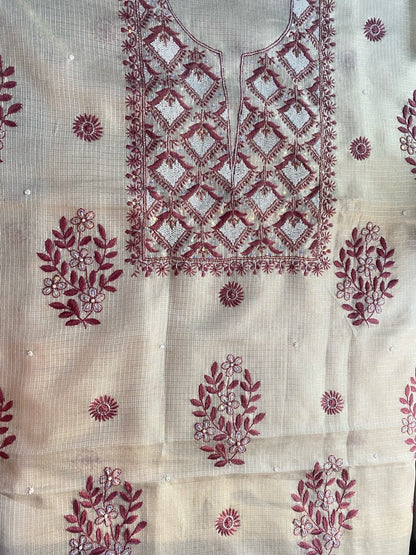 Zunaira Beige Chikankari Unstiched Kurta Dupatta - Famous Chikankari