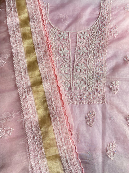 Karizma Premium Pink Chikankari Unstiched Dress - Famous Chikankari