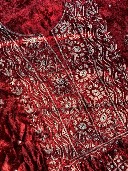 Premium Velvet Maroon Chikankari Unstiched Dress - Famous Chikankari