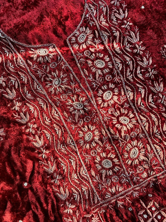 Premium Velvet Maroon Chikankari Unstiched Dress