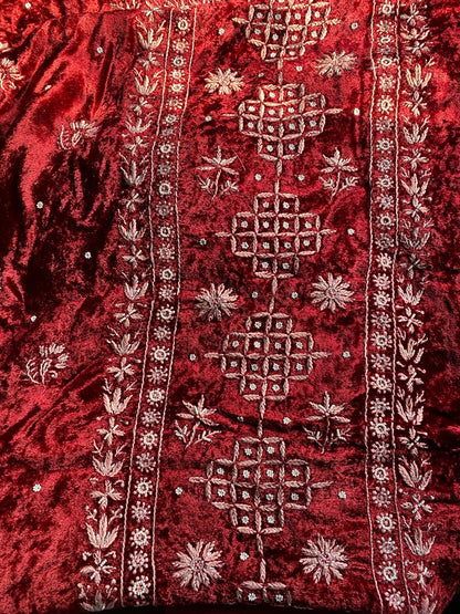 Premium Velvet Maroon Chikankari Unstiched Dress - Famous Chikankari