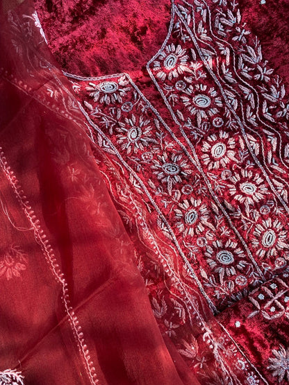 Premium Velvet Maroon Chikankari Unstiched Dress - Famous Chikankari