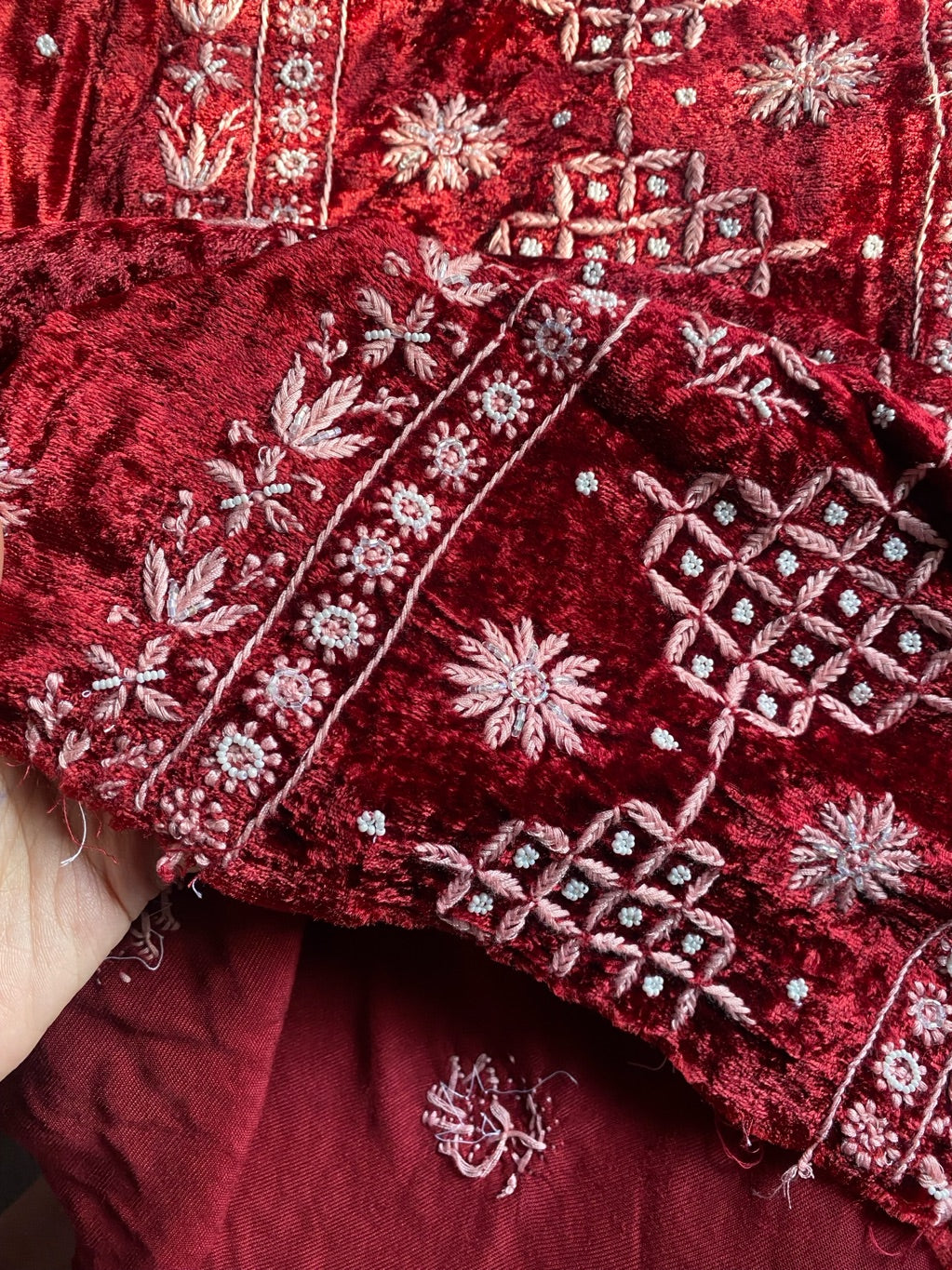 Premium Velvet Maroon Chikankari Unstiched Dress