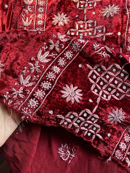 Premium Velvet Maroon Chikankari Unstiched Dress - Famous Chikankari