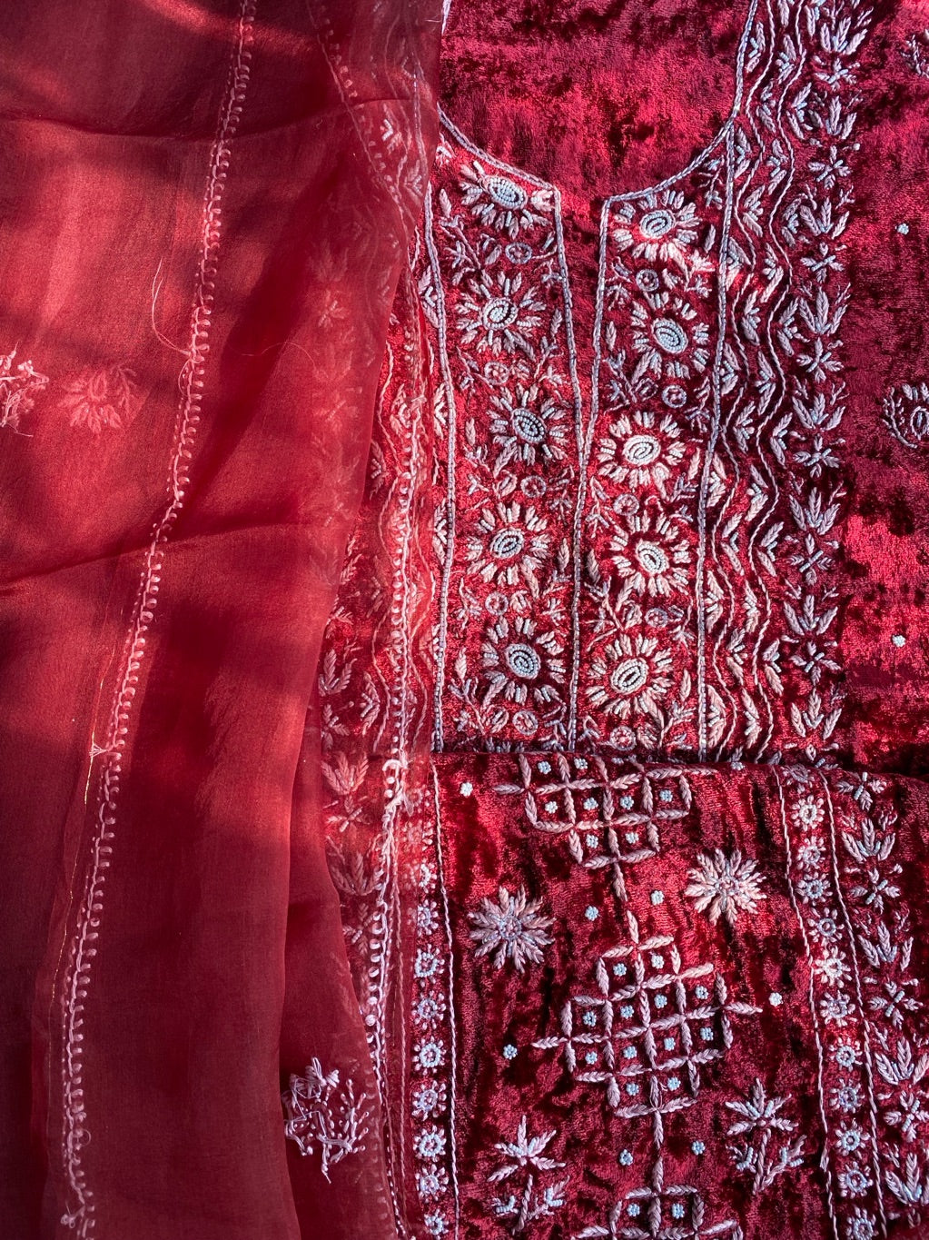 Premium Velvet Maroon Chikankari Unstiched Dress