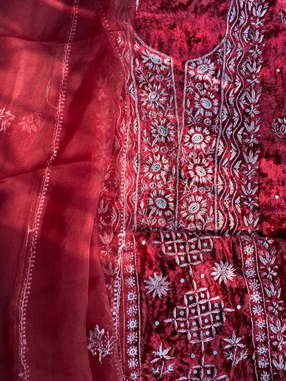 Premium Velvet Maroon Chikankari Unstiched Dress - Famous Chikankari