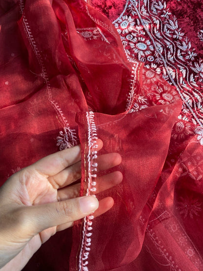 Premium Velvet Maroon Chikankari Unstiched Dress - Famous Chikankari