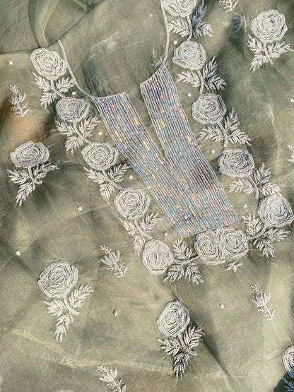Meher Premium Organza Chikankari Unstiched Dress- Olive Green - Famous Chikankari