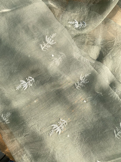 Meher Premium Organza Chikankari Unstiched Dress- Olive Green - Famous Chikankari