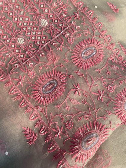 Meher Premium Organza Chikankari Unstiched Dress- Light Grey - Famous Chikankari