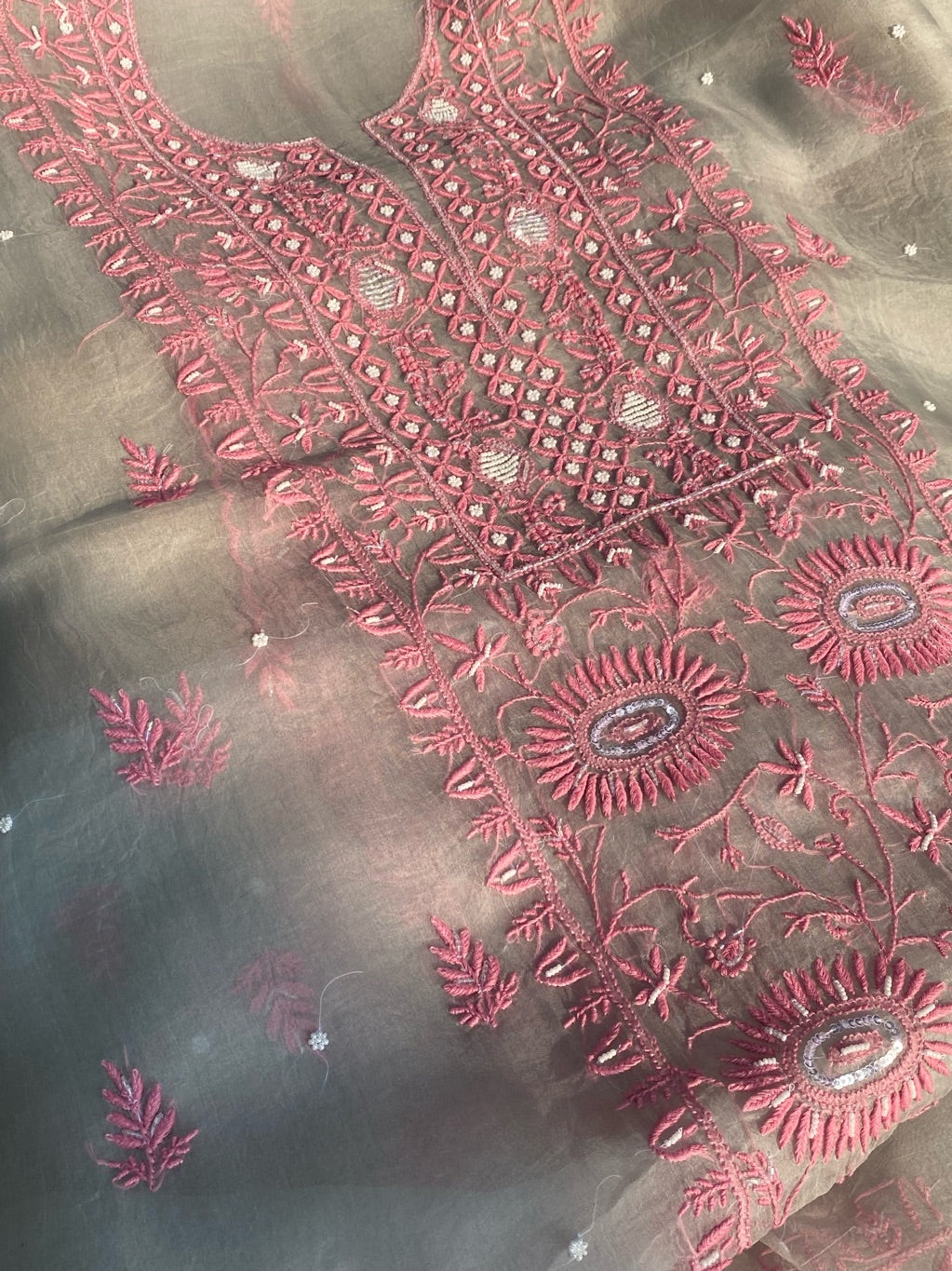 Meher Premium Organza Chikankari Unstiched Dress- Light Grey