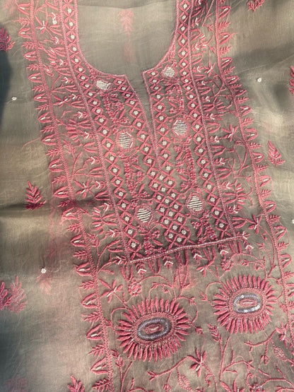 Meher Premium Organza Chikankari Unstiched Dress- Light Grey - Famous Chikankari