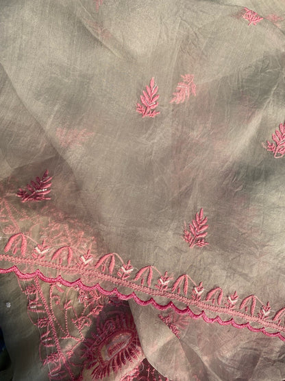 Meher Premium Organza Chikankari Unstiched Dress- Light Grey - Famous Chikankari