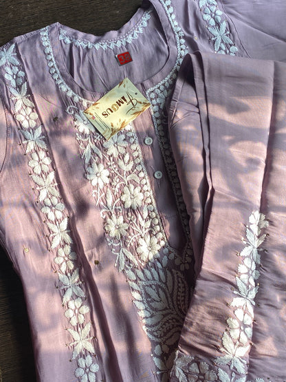 Lavender Chikankari Mukaish Kurta Plazo Set - Famous Chikankari