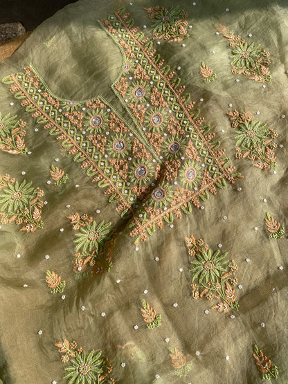 Meher Premium Organza Chikankari Unstiched Dress- Olive Green - Famous Chikankari