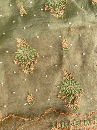 Meher Premium Organza Chikankari Unstiched Dress- Olive Green - Famous Chikankari