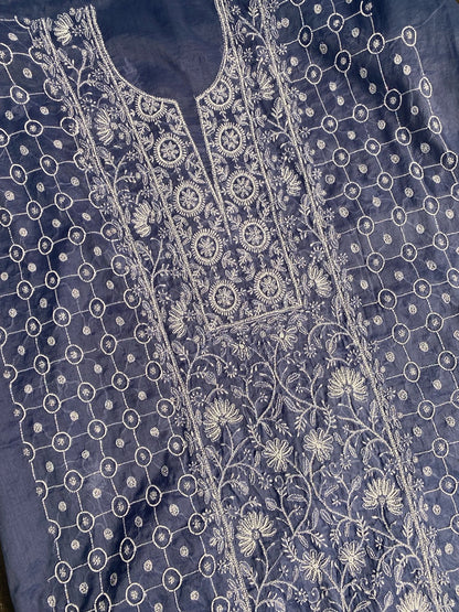 Neelam Chikankari Jaal Work Unstiched Kurta Dupatta Set - Famous Chikankari