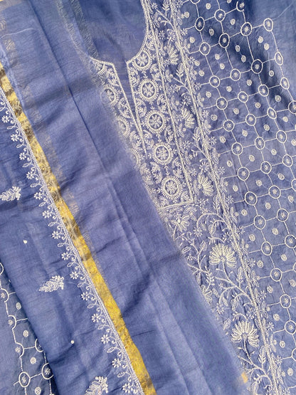 Neelam Chikankari Jaal Work Unstiched Kurta Dupatta Set - Famous Chikankari