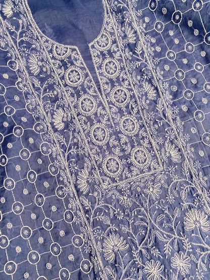 Neelam Chikankari Jaal Work Unstiched Kurta Dupatta Set - Famous Chikankari