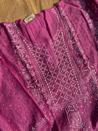 Dark Pink Chikankari And Mukaish Anarkali And Dupatta Set - Famous Chikankari