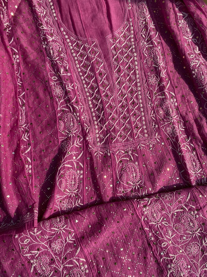 Dark Pink Chikankari And Mukaish Anarkali And Dupatta Set - Famous Chikankari