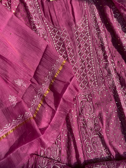 Dark Pink Chikankari And Mukaish Anarkali And Dupatta Set - Famous Chikankari