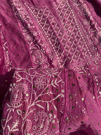 Dark Pink Chikankari And Mukaish Anarkali And Dupatta Set - Famous Chikankari