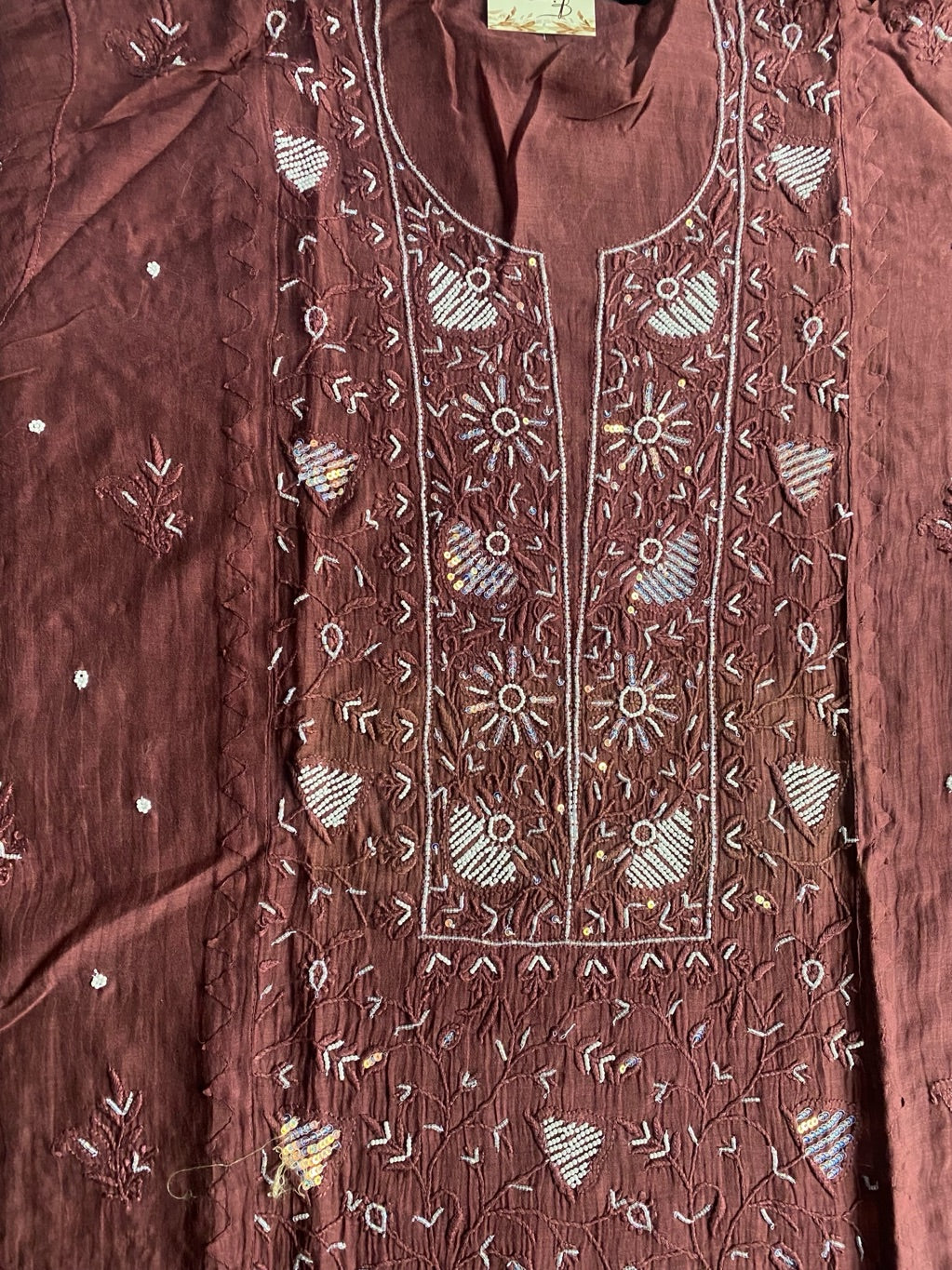 Chocolate Brown Chikankari Semi Stiched Kurta Dupatta Set