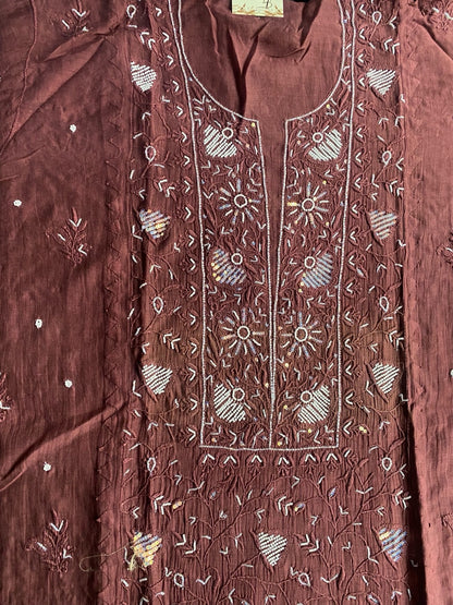 Chocolate Brown Chikankari Semi Stiched Kurta Dupatta Set - Famous Chikankari