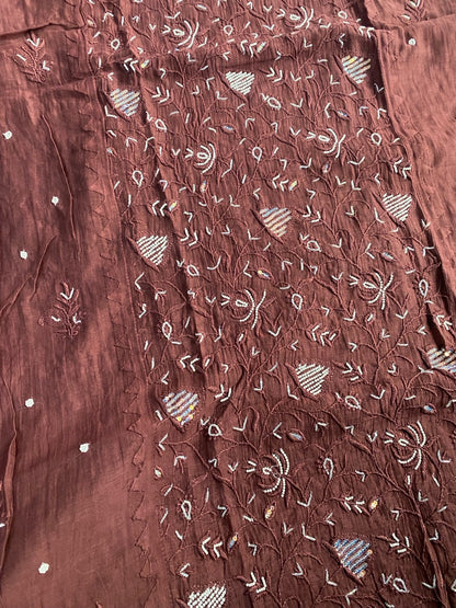 Chocolate Brown Chikankari Semi Stiched Kurta Dupatta Set - Famous Chikankari