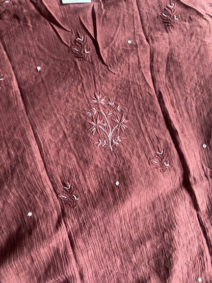 Chocolate Brown Chikankari Semi Stiched Kurta Dupatta Set - Famous Chikankari