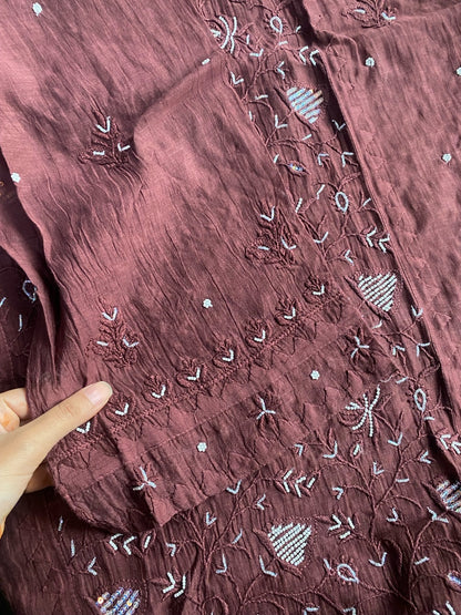 Chocolate Brown Chikankari Semi Stiched Kurta Dupatta Set - Famous Chikankari