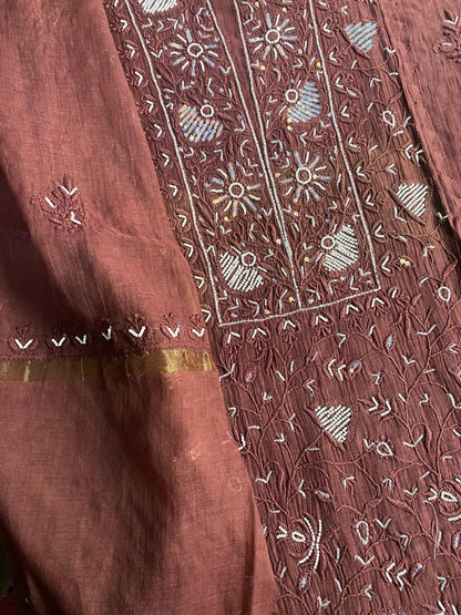 Chocolate Brown Chikankari Semi Stiched Kurta Dupatta Set - Famous Chikankari