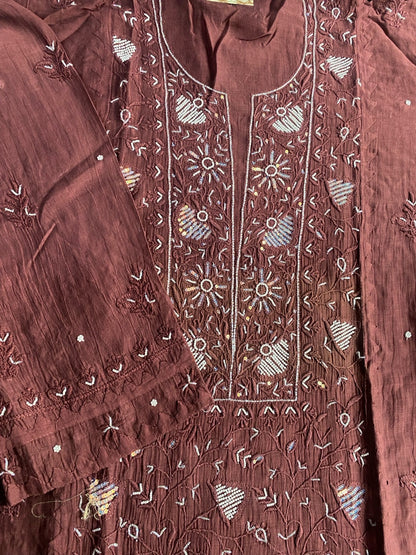 Chocolate Brown Chikankari Semi Stiched Kurta Dupatta Set - Famous Chikankari