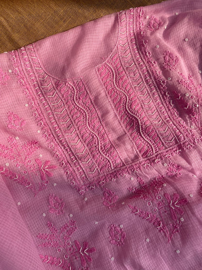 Pink Chikankari Kota Unstiched Dress - Famous Chikankari