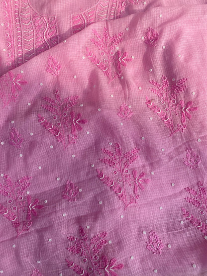 Pink Chikankari Kota Unstiched Dress - Famous Chikankari