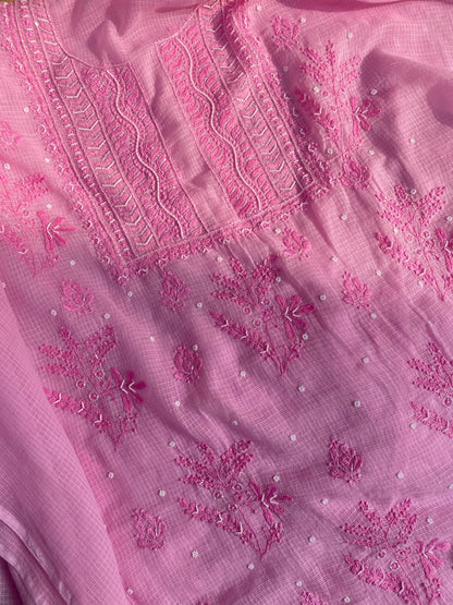 Pink Chikankari Kota Unstiched Dress - Famous Chikankari
