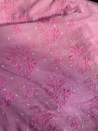 Pink Chikankari Kota Unstiched Dress - Famous Chikankari