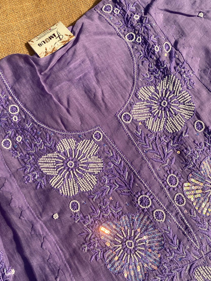 Purple Chikankari Semi Stiched Kurta Dupatta Set - Famous Chikankari