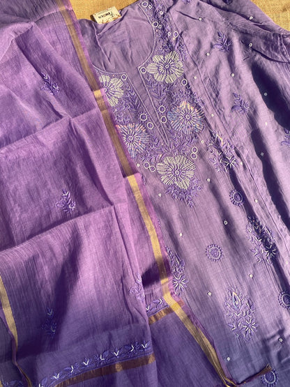 Purple Chikankari Semi Stiched Kurta Dupatta Set - Famous Chikankari