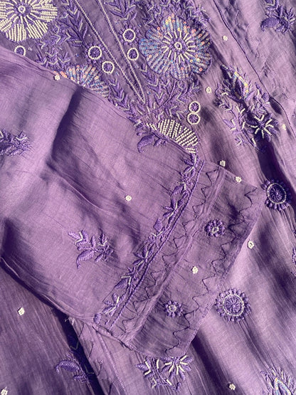 Purple Chikankari Semi Stiched Kurta Dupatta Set - Famous Chikankari