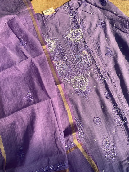 Purple Chikankari Semi Stiched Kurta Dupatta Set - Famous Chikankari