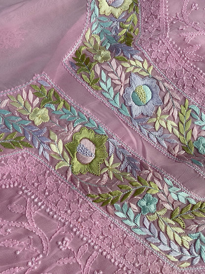Pink Chikankari Parsigara Viscose Unstiched Dress - Famous Chikankari